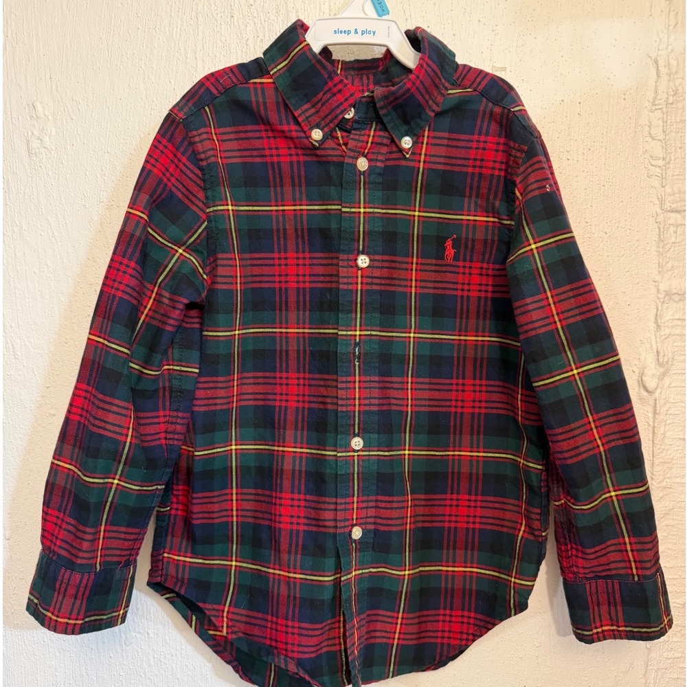 Polo Ralph Lauren Kids Red Green Tartan Plaid Button Down Shirt Cotton Size 4